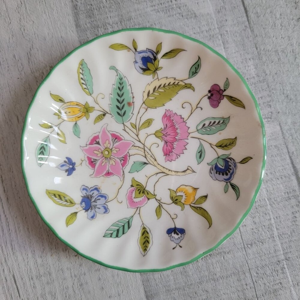 Minton Bone China Floral Saucer Plate Haddon Hall Green Trim 4.75" Vintage